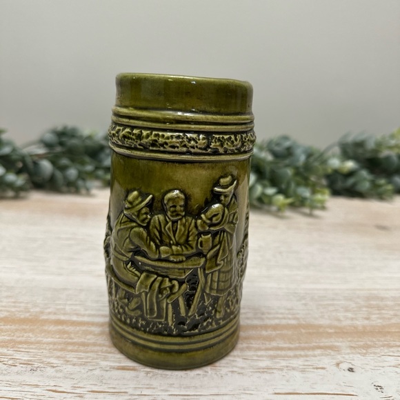 Vintage German Green Ceramic Stein with Embossed Figures - Picture 3 of 7
